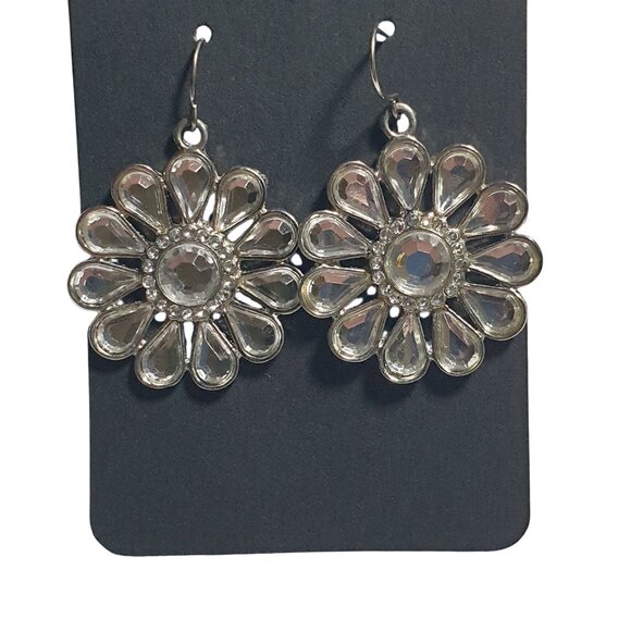 Silver Flower Drop Earrings Round Crystal Design Hook Elegant Jewelry Gift Party - Picture 2 of 4